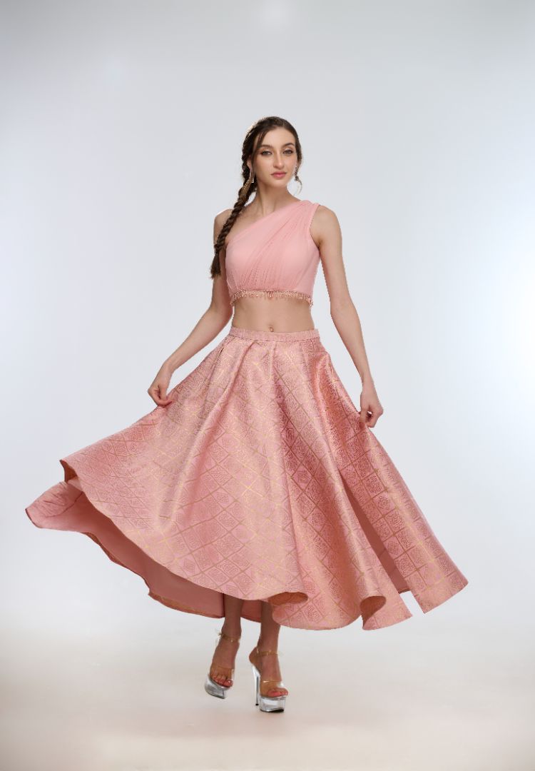Melissa Draped Top & Slit Brocade Flared Skirt Set by LabelN