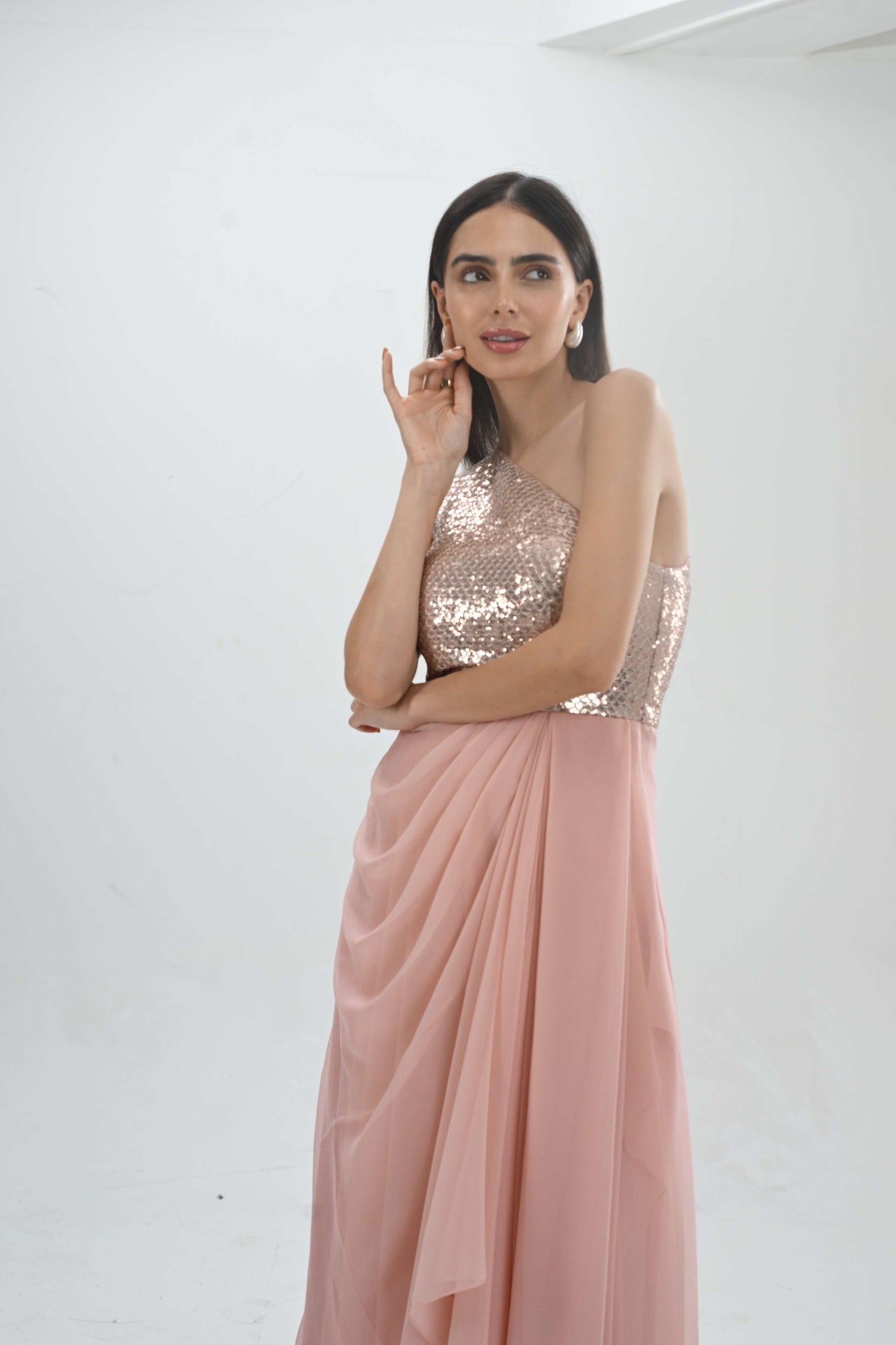 Party wear one shoulder draped gown by Label N