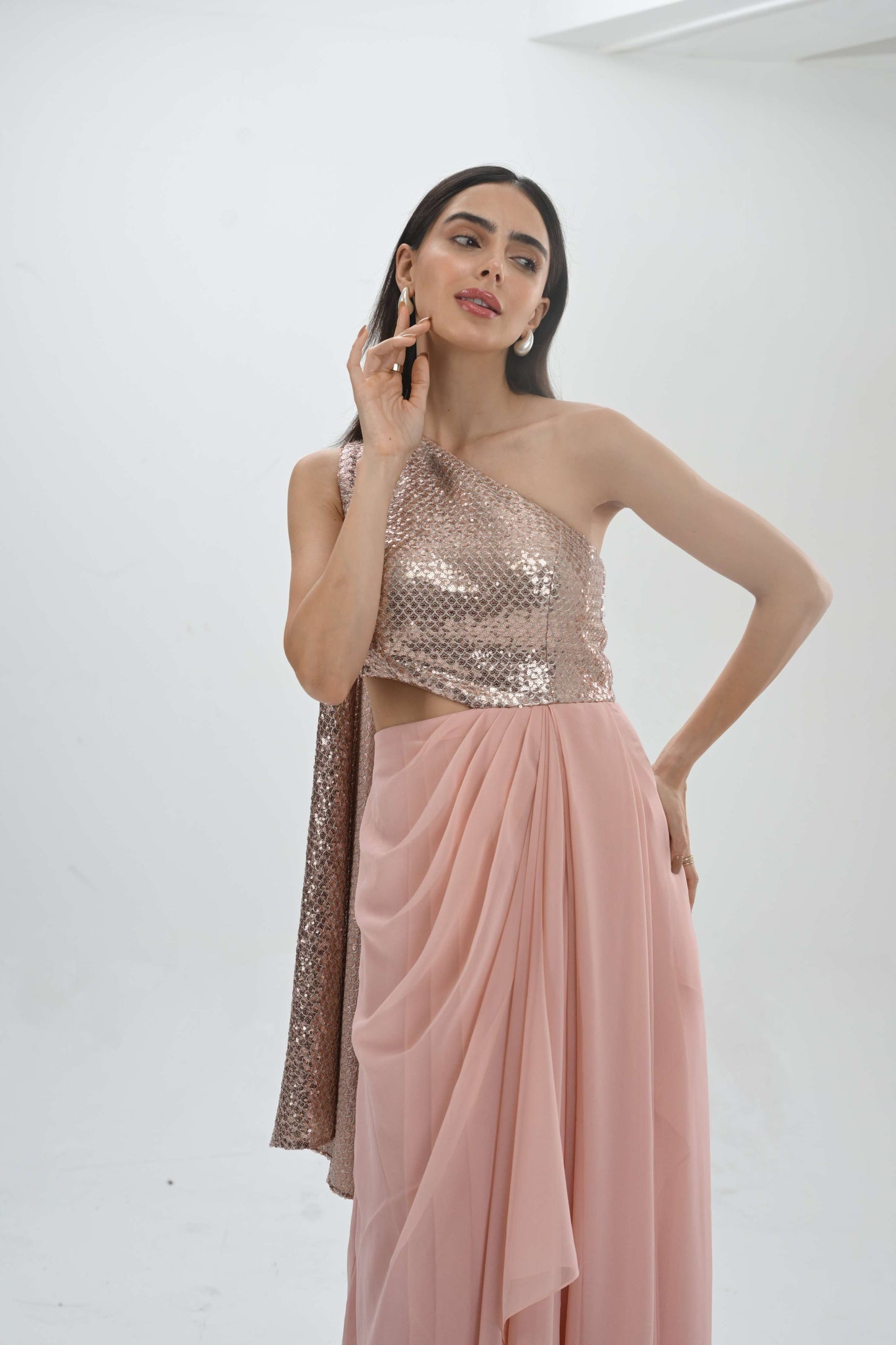 Party wear one shoulder draped gown by Label N