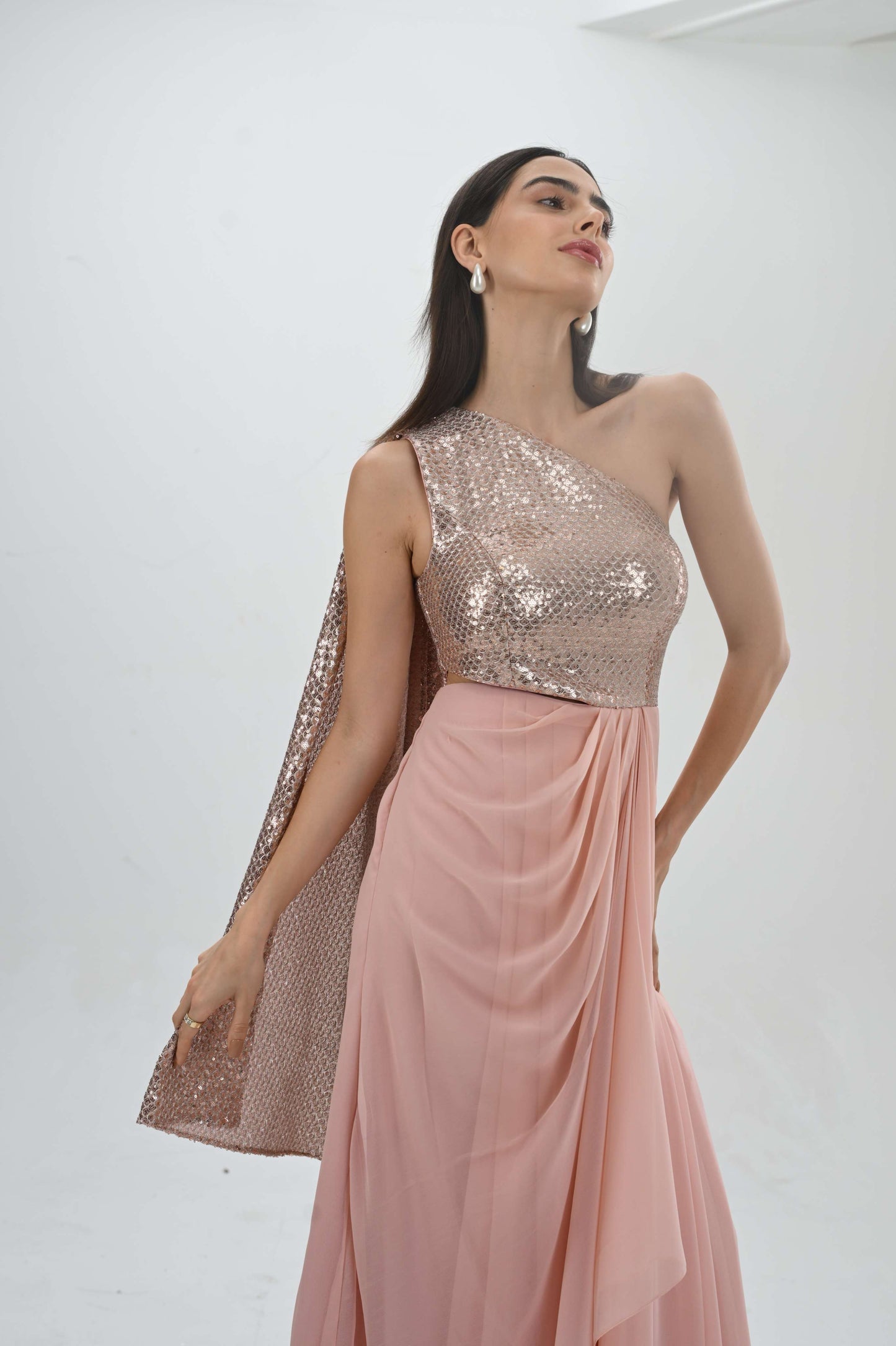 Party wear one shoulder draped gown by Label N