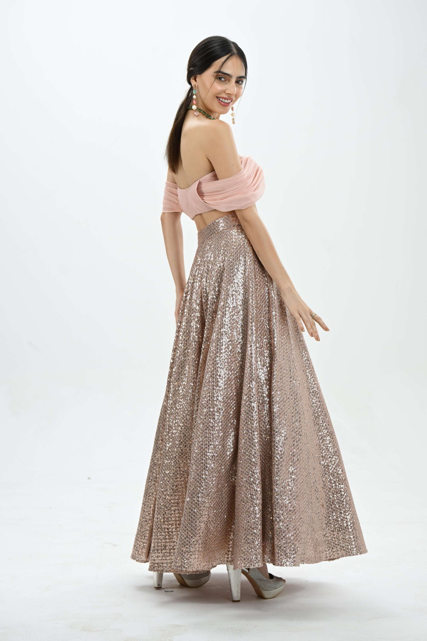Party wear off-shoulder pink bling lehenga by LabelN