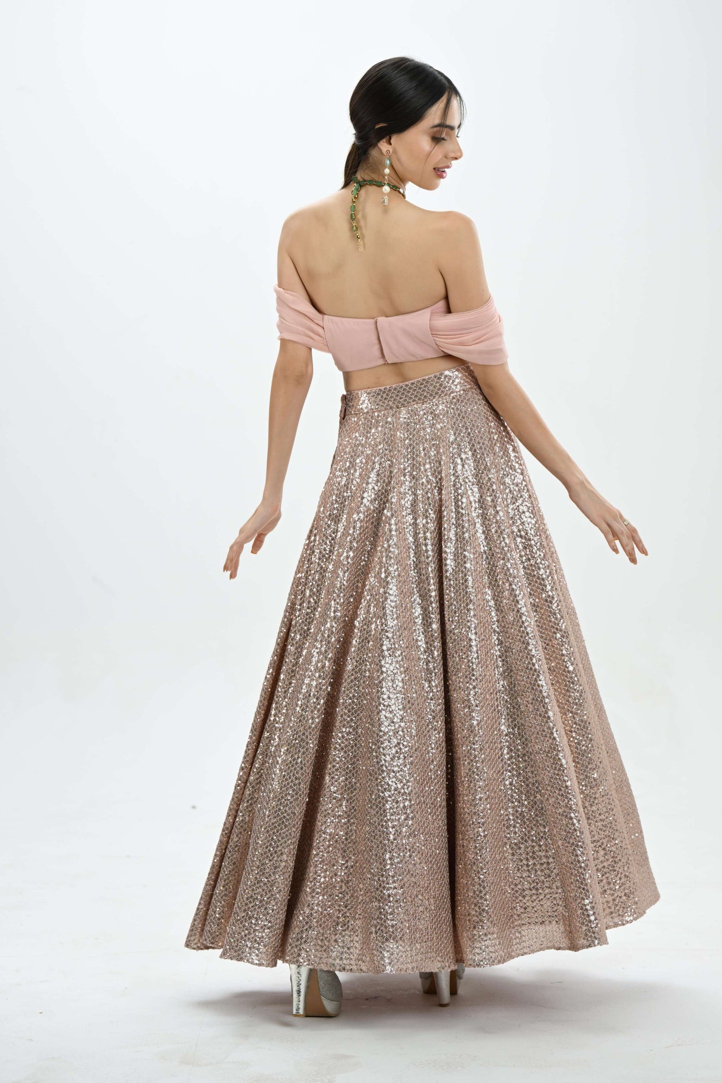 Party wear off-shoulder pink bling lehenga by LabelN