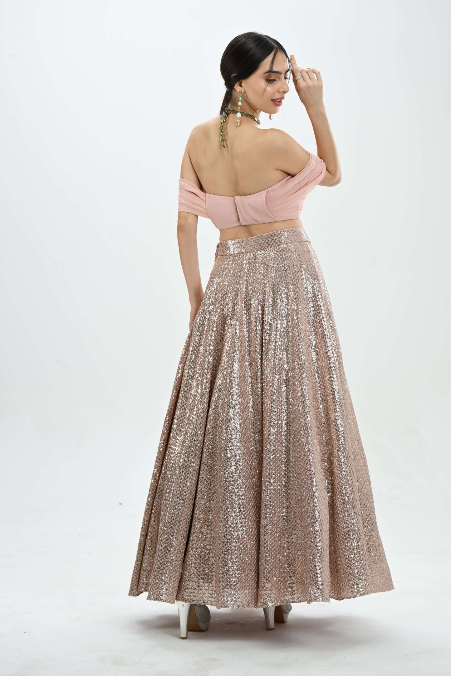Party wear off-shoulder pink bling lehenga by LabelN