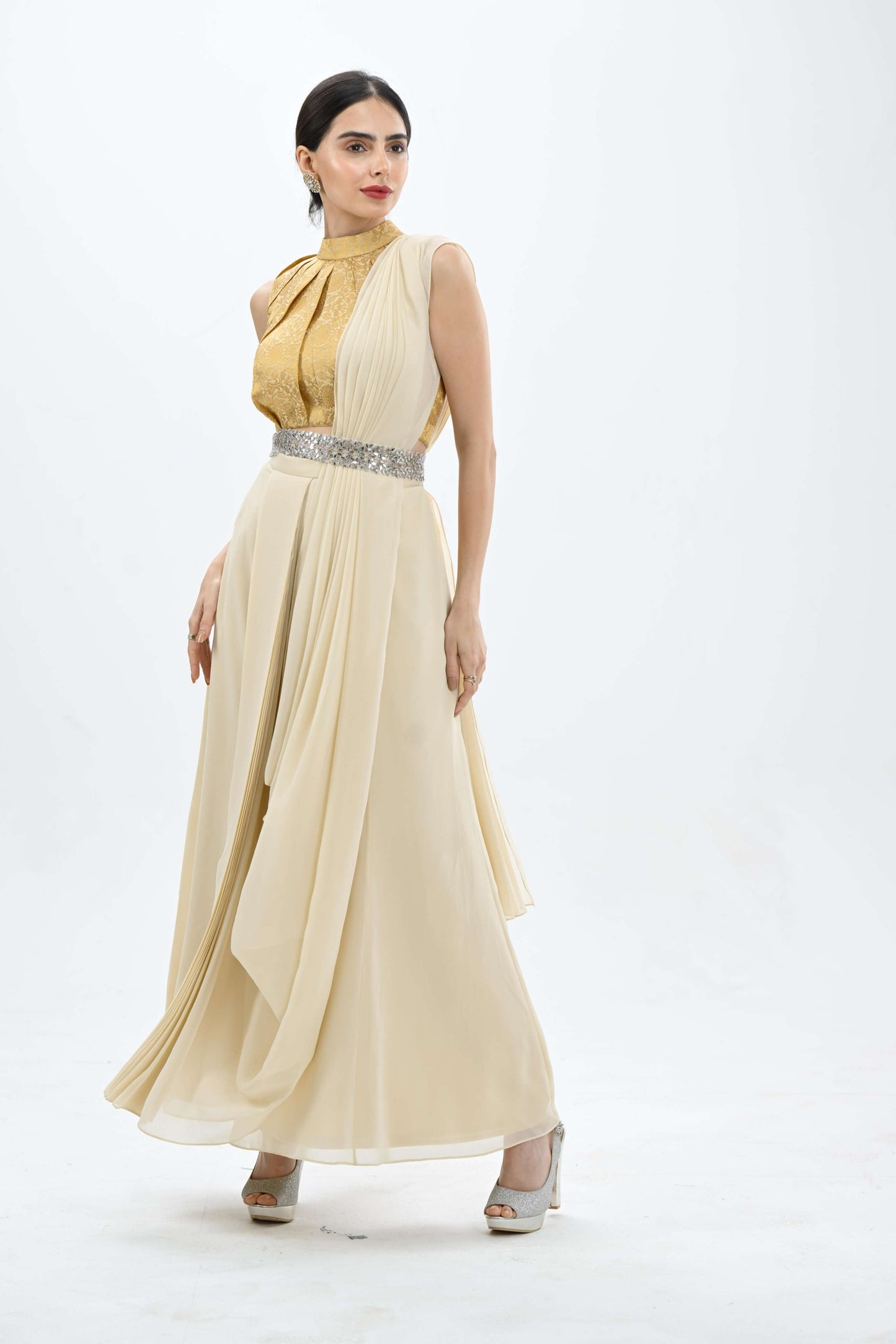 Dione halter neck off-white and gold drape saree set by LabelN