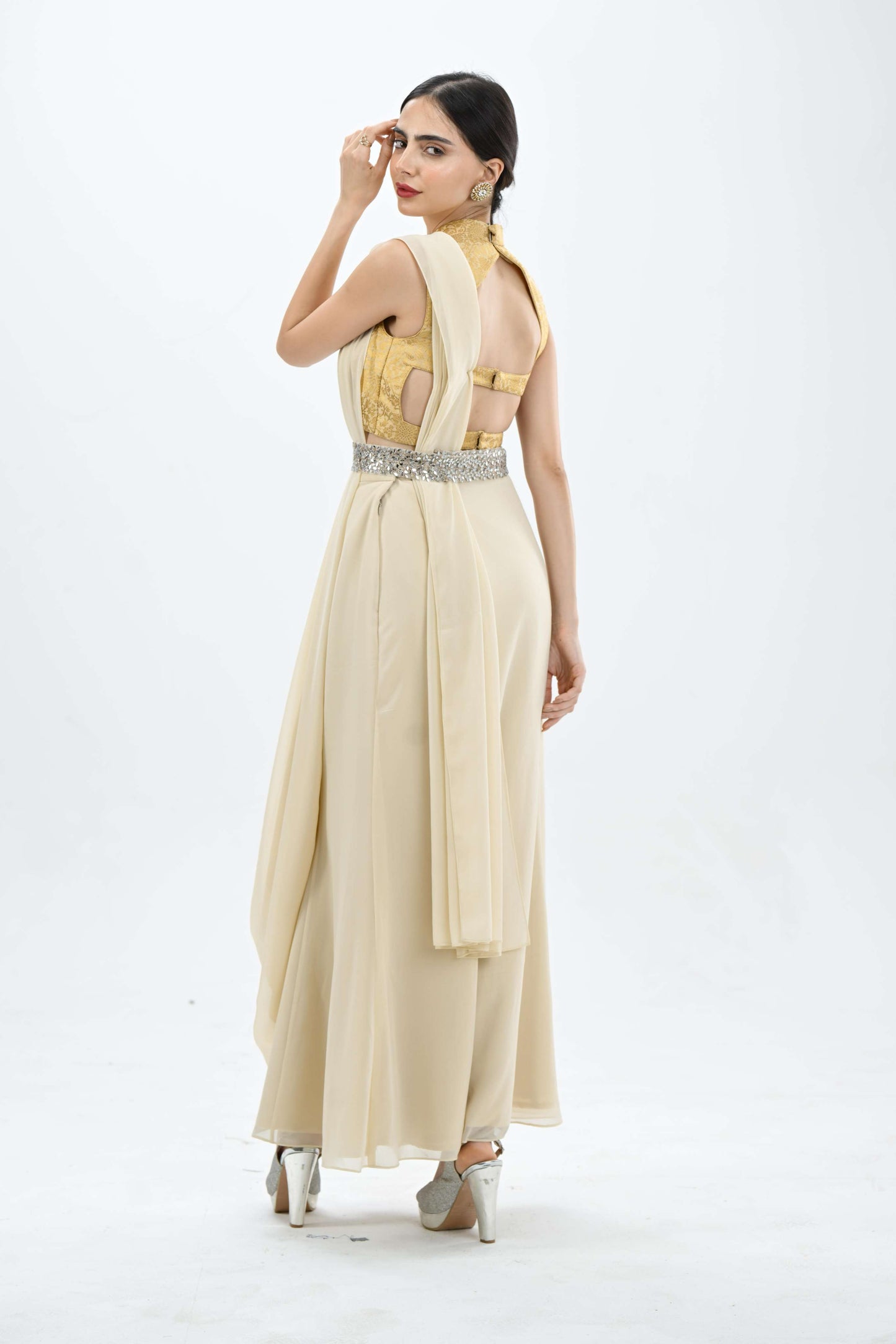 Dione halter neck off-white and gold drape saree set by LabelN