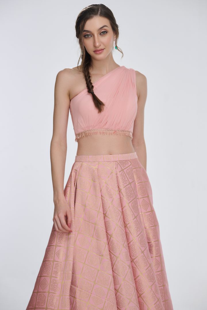 Melissa Draped Top & Slit Brocade Flared Skirt Set by LabelN 