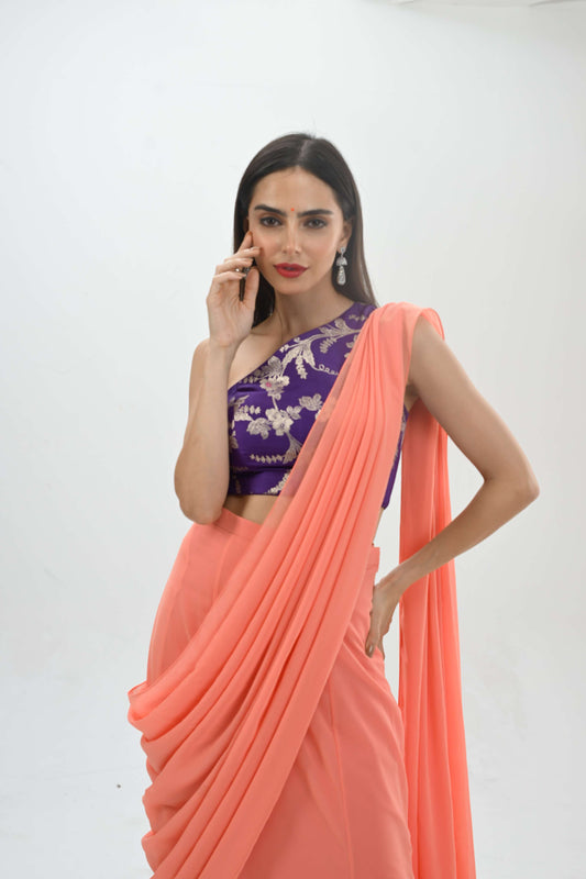 One-shoulder blouse and saree by LabelN