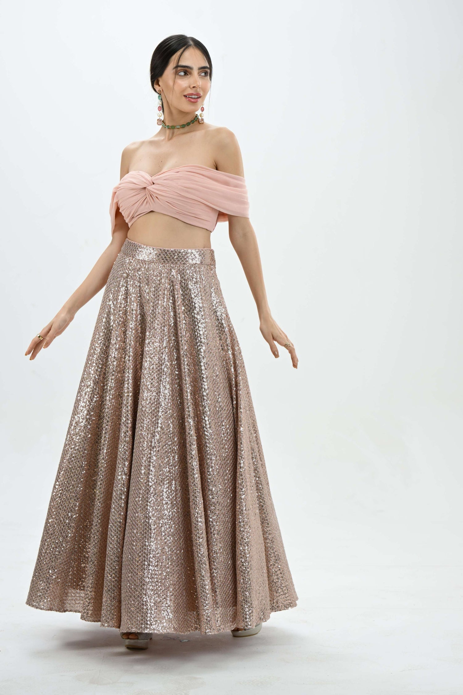 Party wear off-shoulder pink bling lehenga by LabelN 