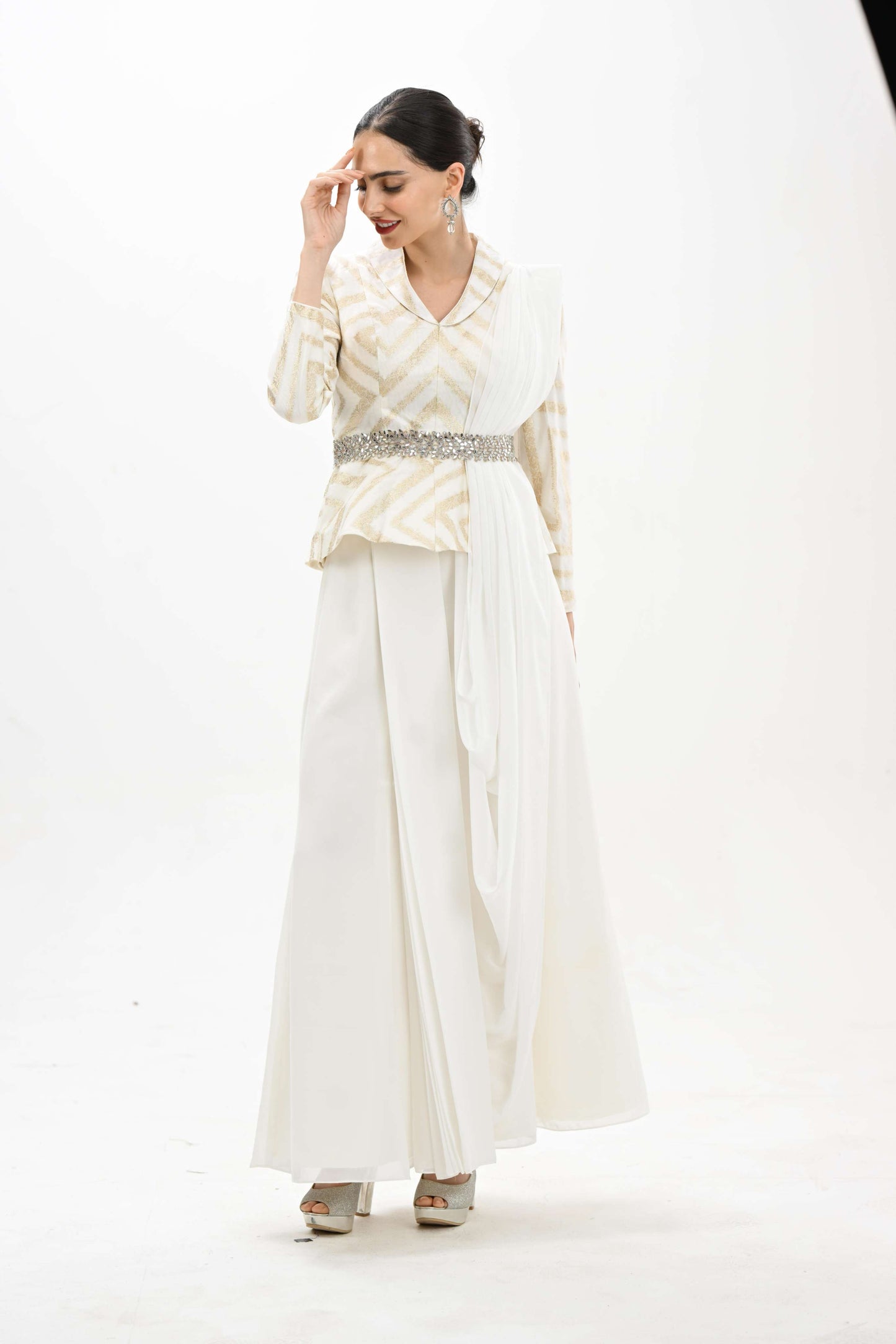 Elegant off-white indo - western drape co-ord set by Label N