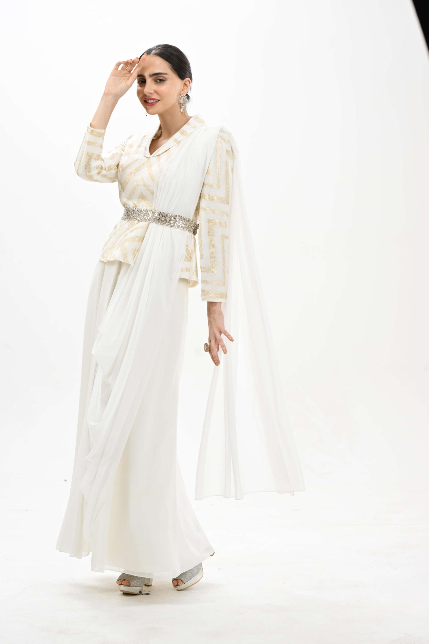 Elegant off-white indo - western drape co-ord set by Label N