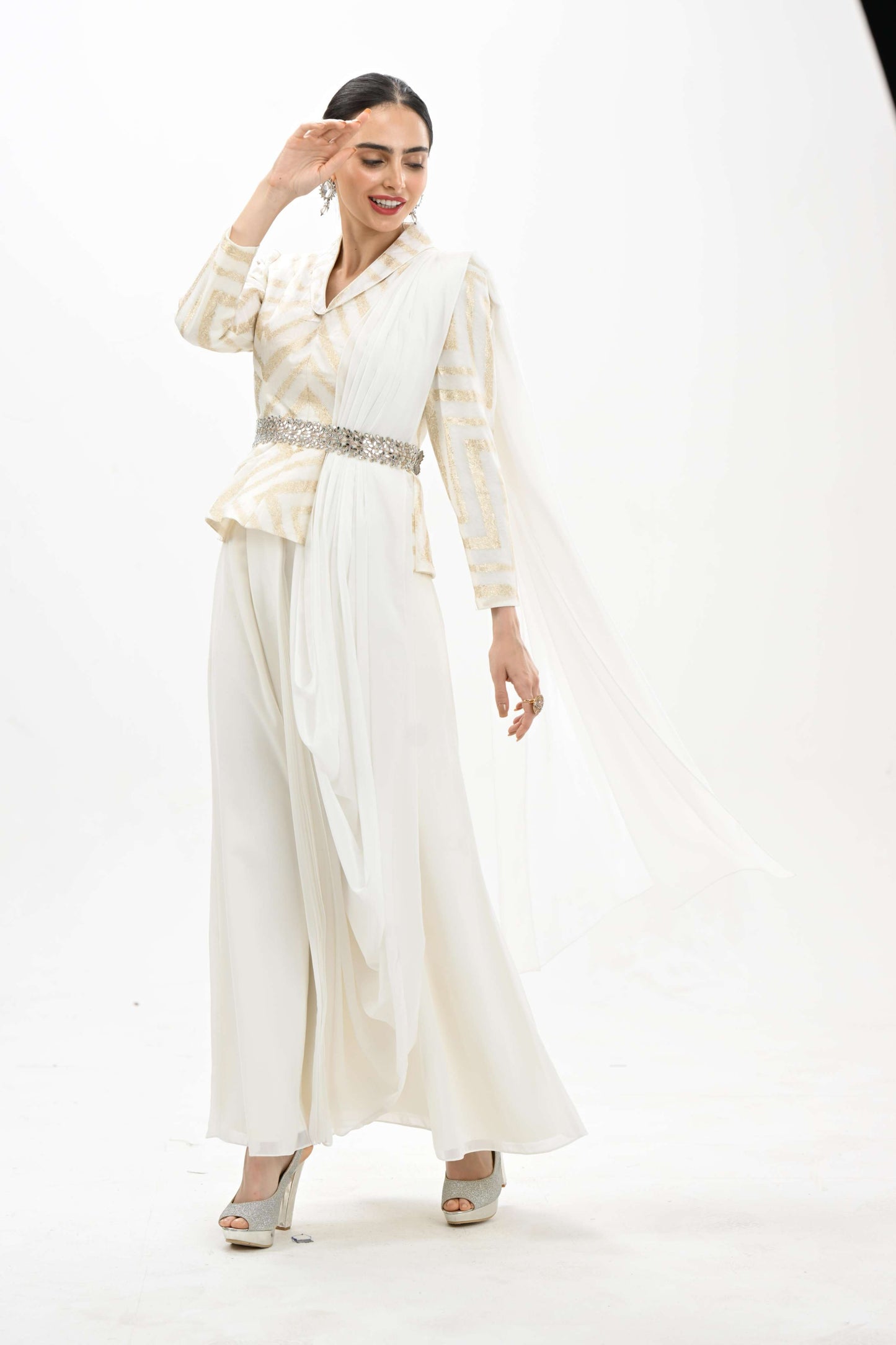 Elegant off-white indo - western drape co-ord set by Label N