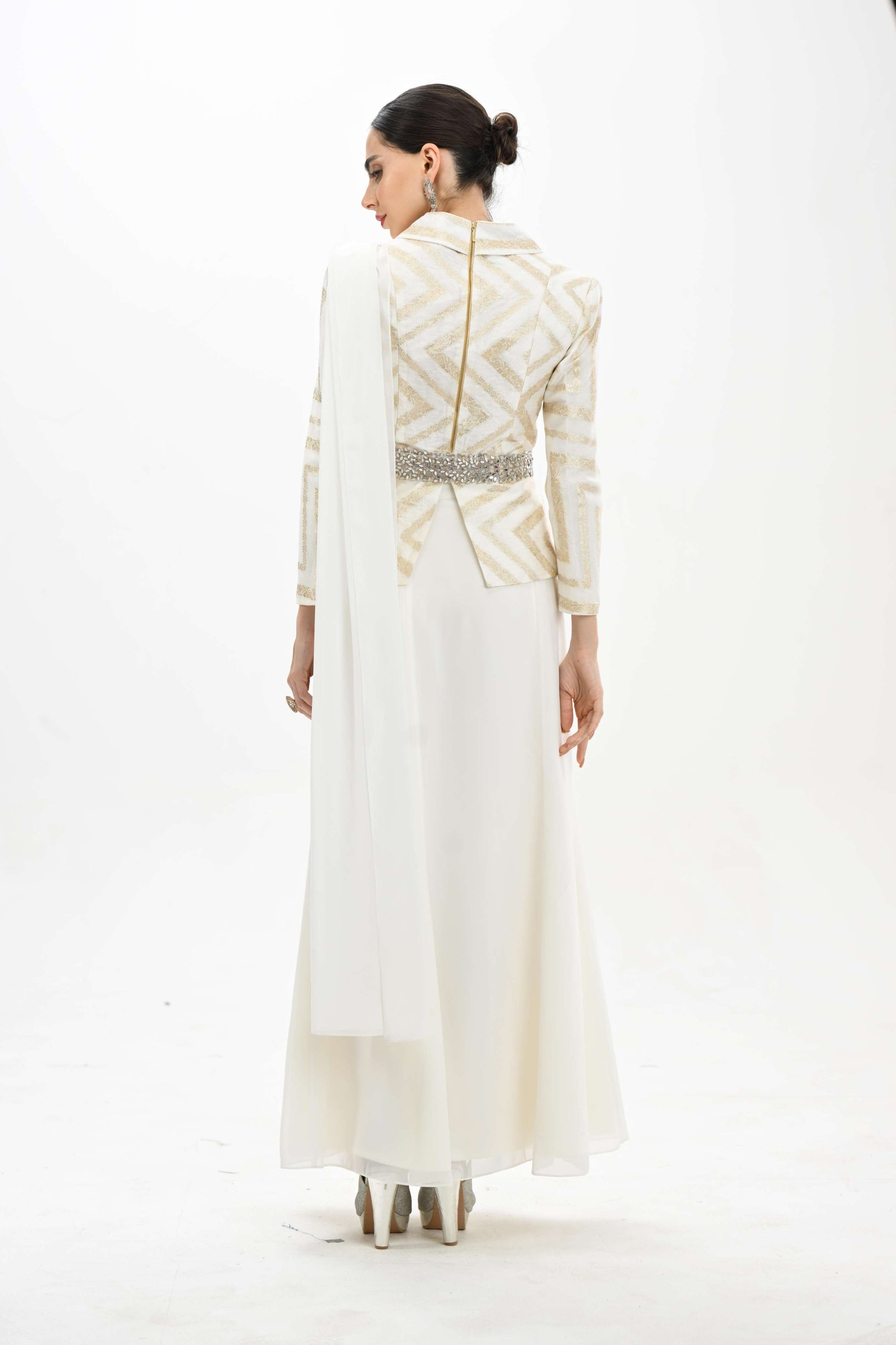 Elegant off-white indo - western drape co-ord set by Label N