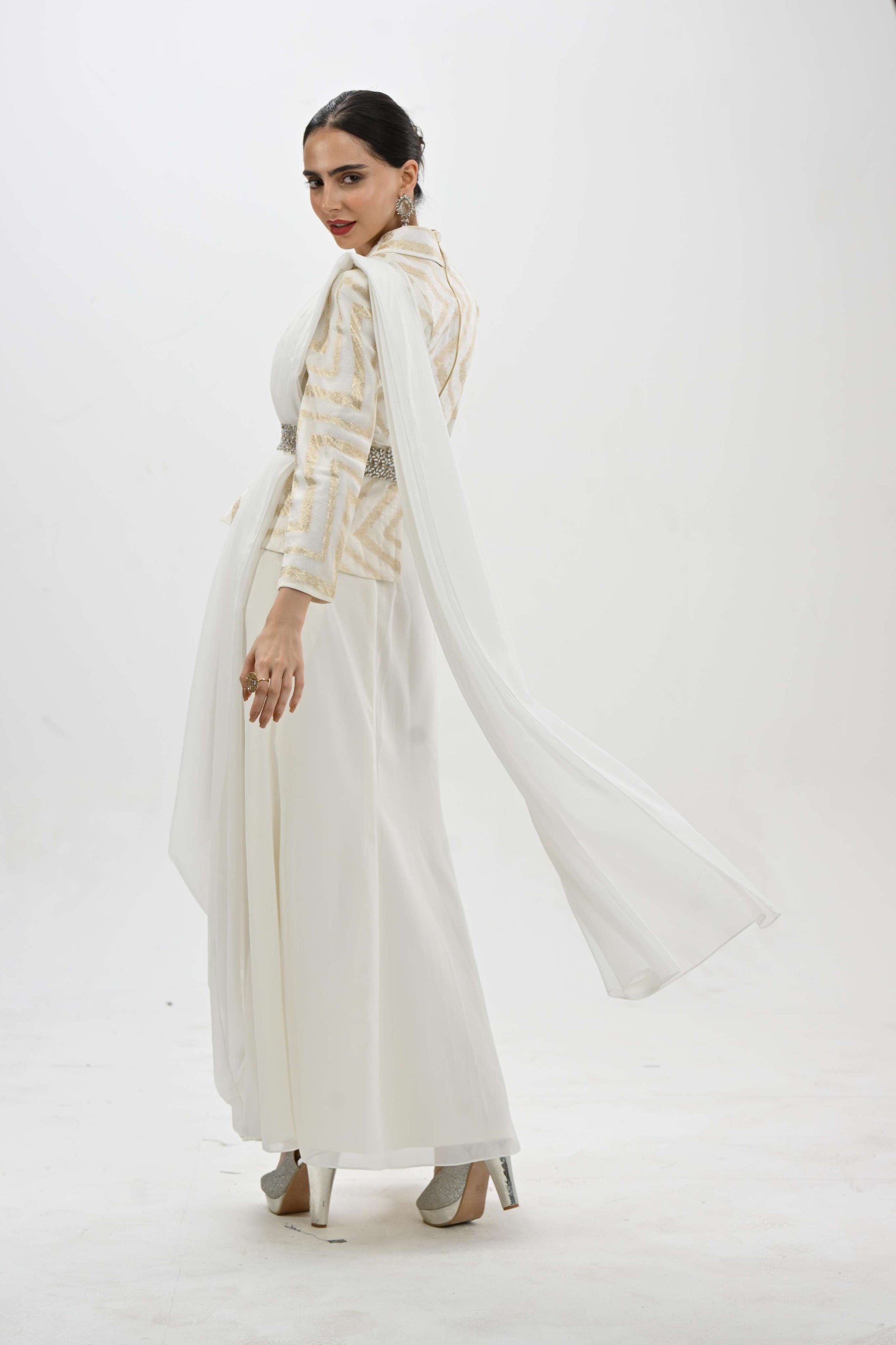 Elegant off-white indo - western drape co-ord set by Label N