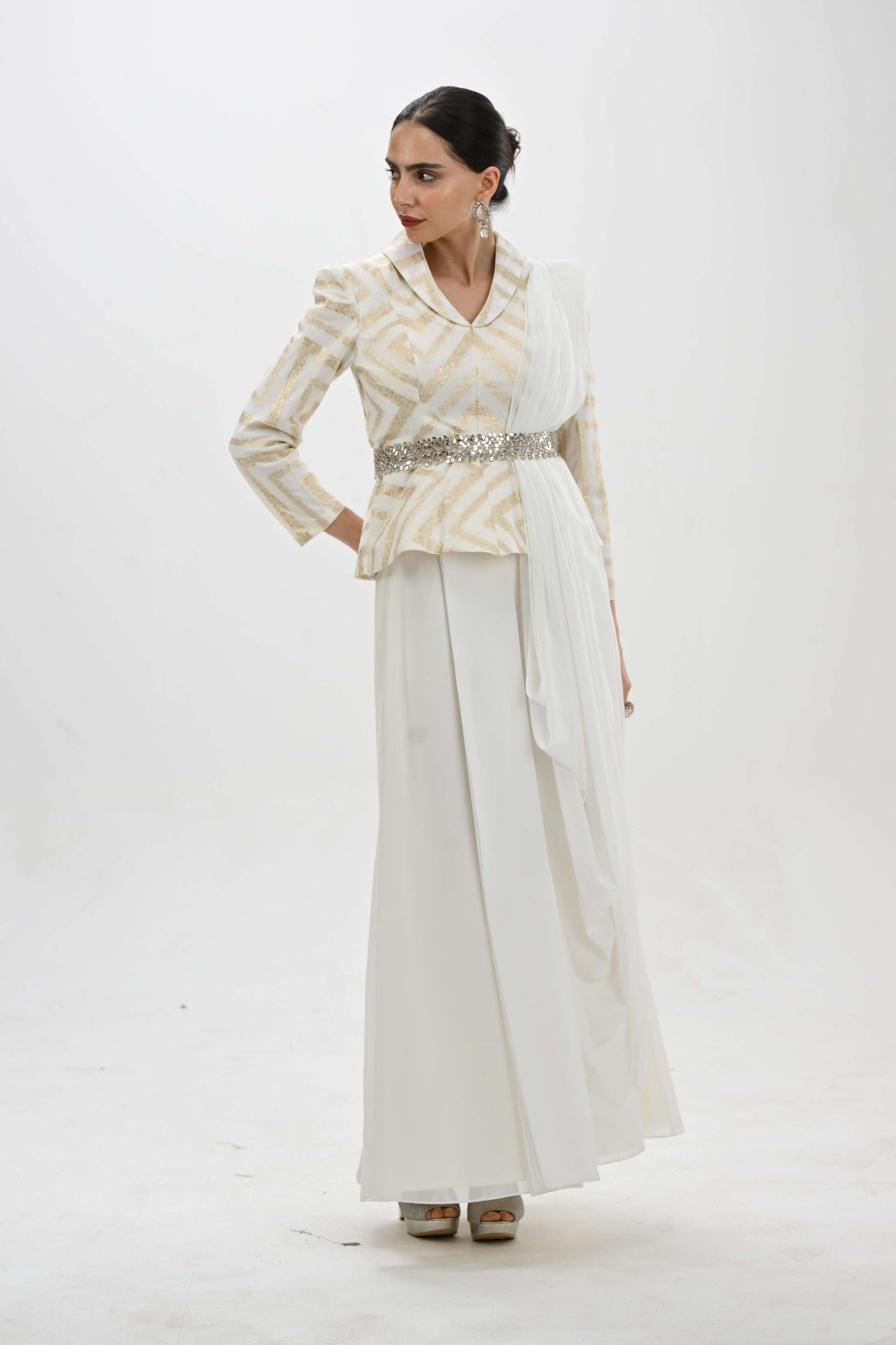 Elegant off-white indo - western drape co-ord set by Label N