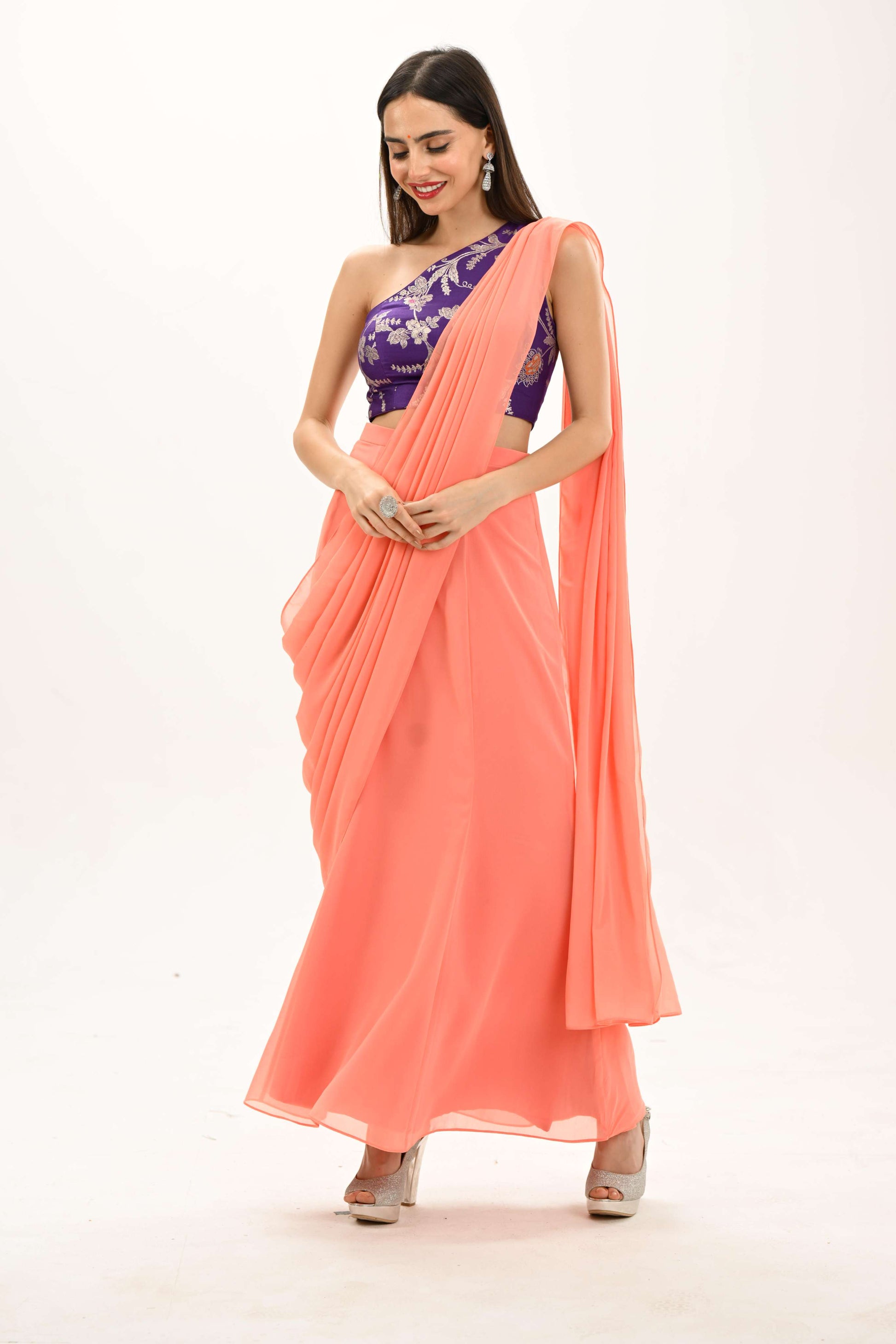 One-shoulder blouse and saree by LabelN