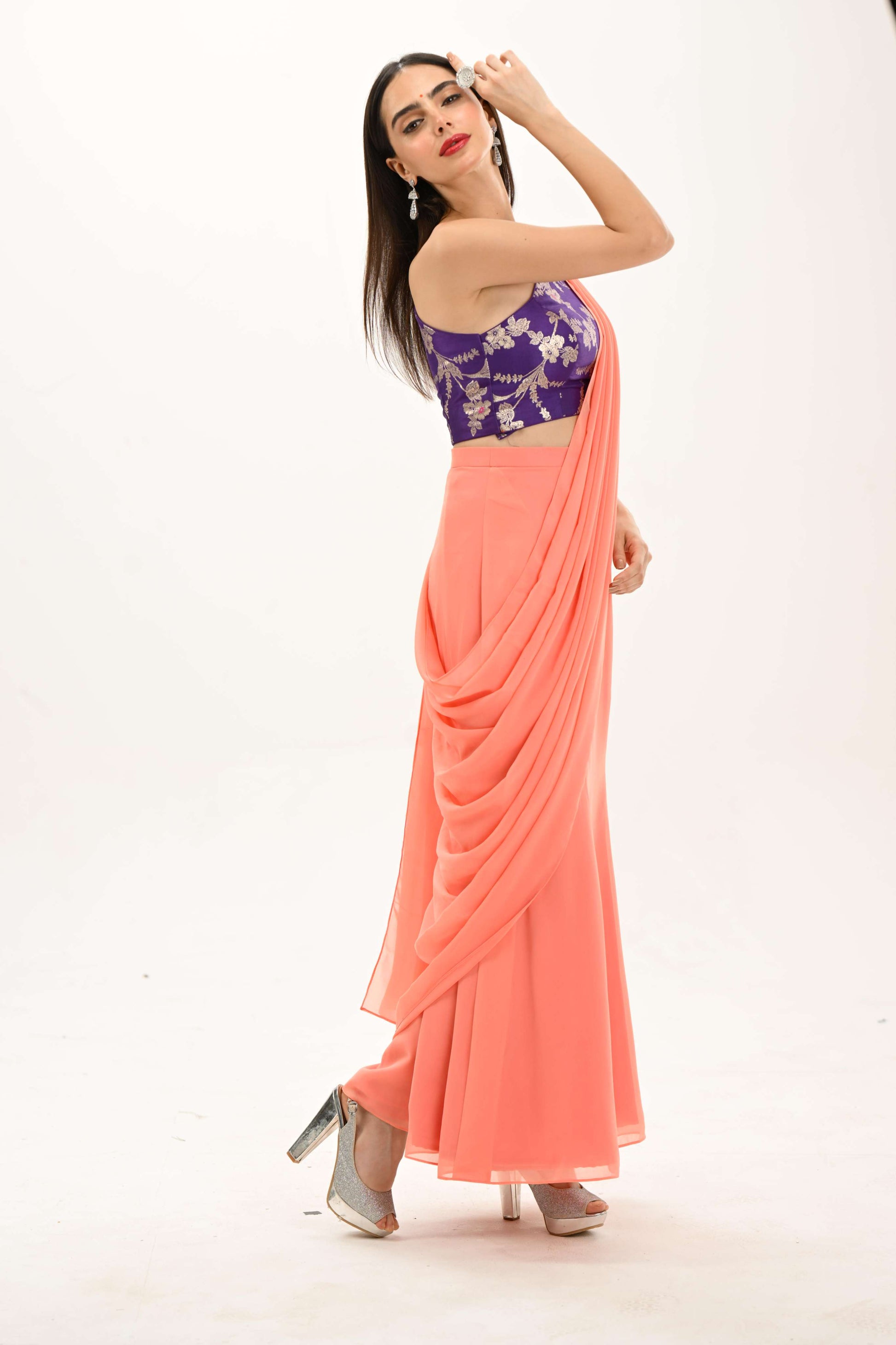 One-shoulder blouse and saree by LabelN