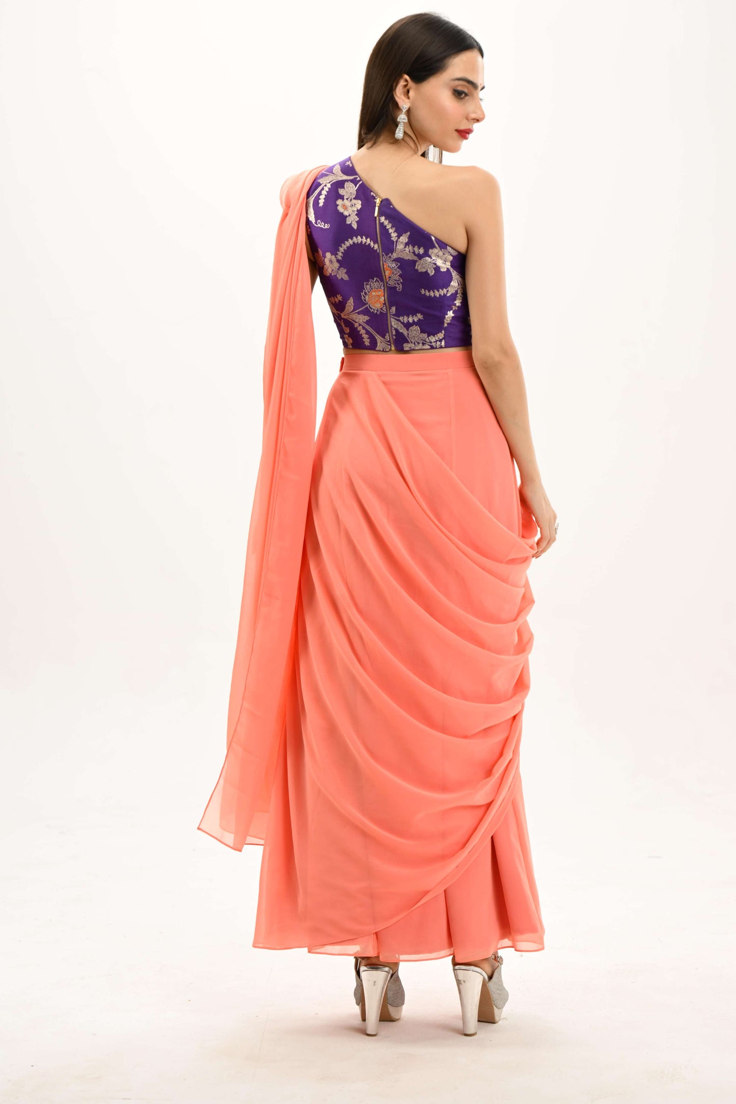 One-shoulder blouse and saree by LabelN