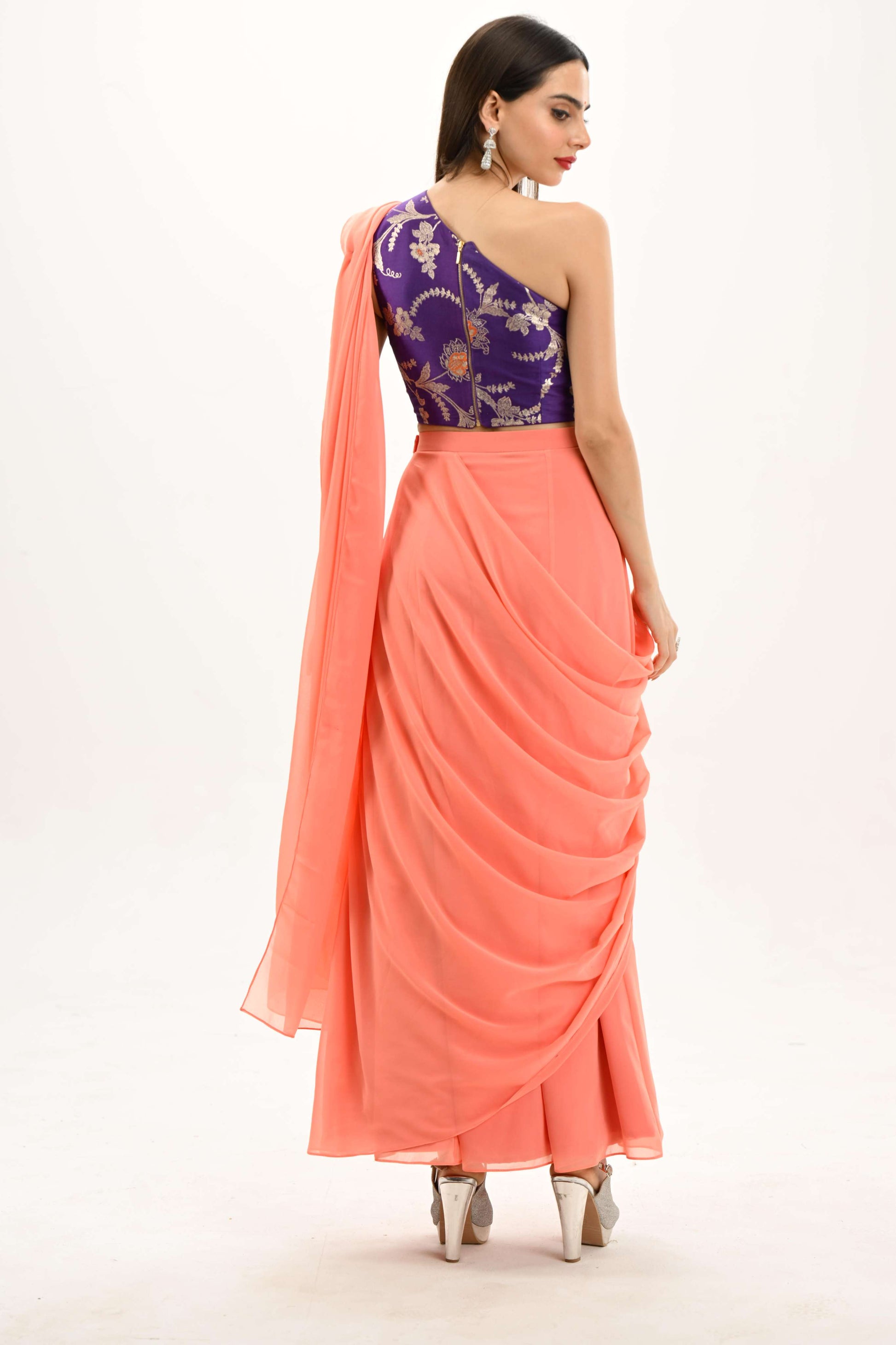 One-shoulder blouse and saree by LabelN