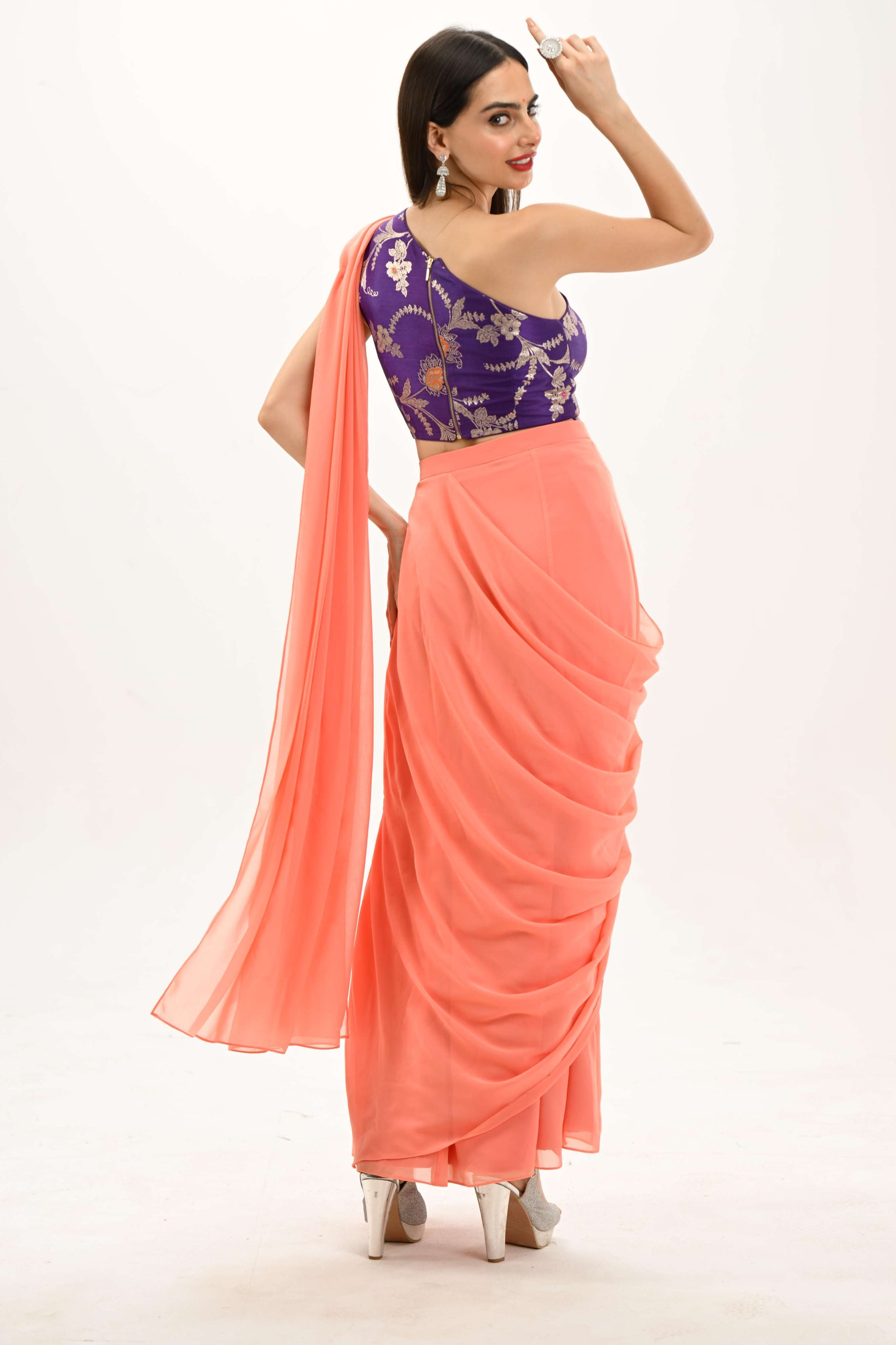 One-shoulder blouse and saree by LabelN
