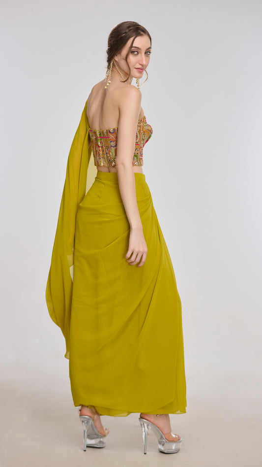 Off-shoulder saree set with embroidered bustier by LabelN