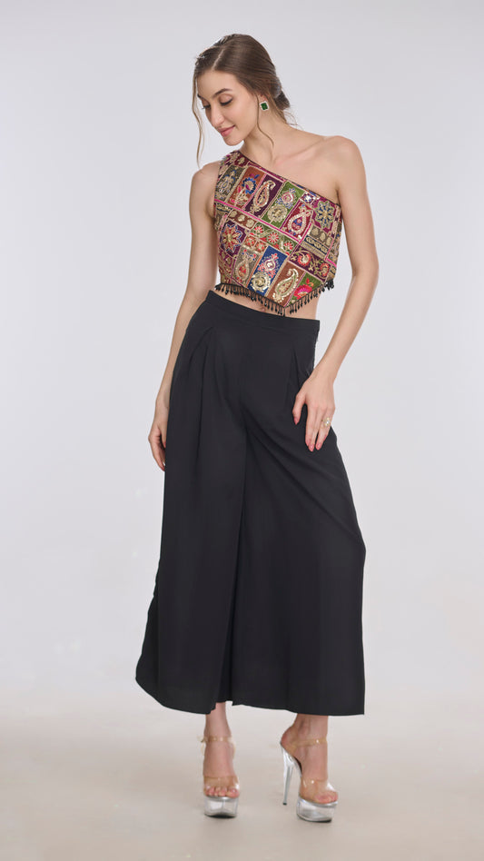Hera Embroidered One-Shoulder Top & Flared Pants by LabelN 