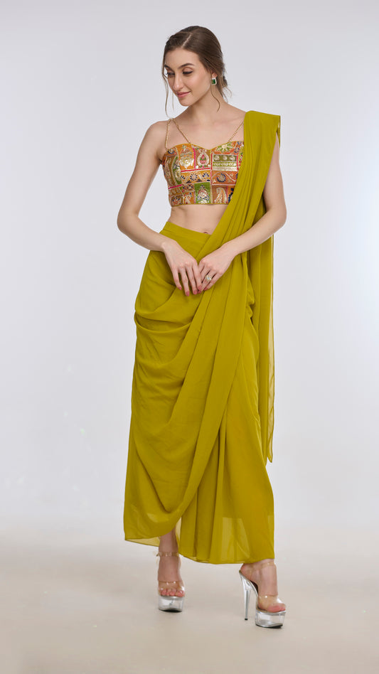 Hestia Embroidered Bustier & Draped Saree by LabelN 