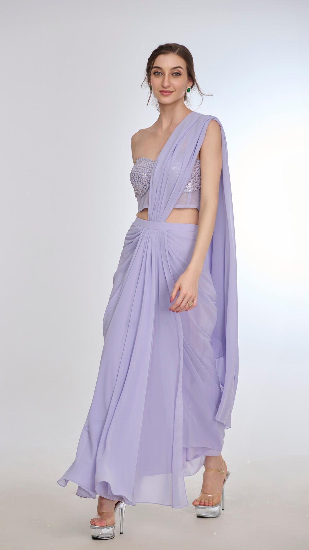 Lavender off-shoulder bling blouse and saree set by LabelN
