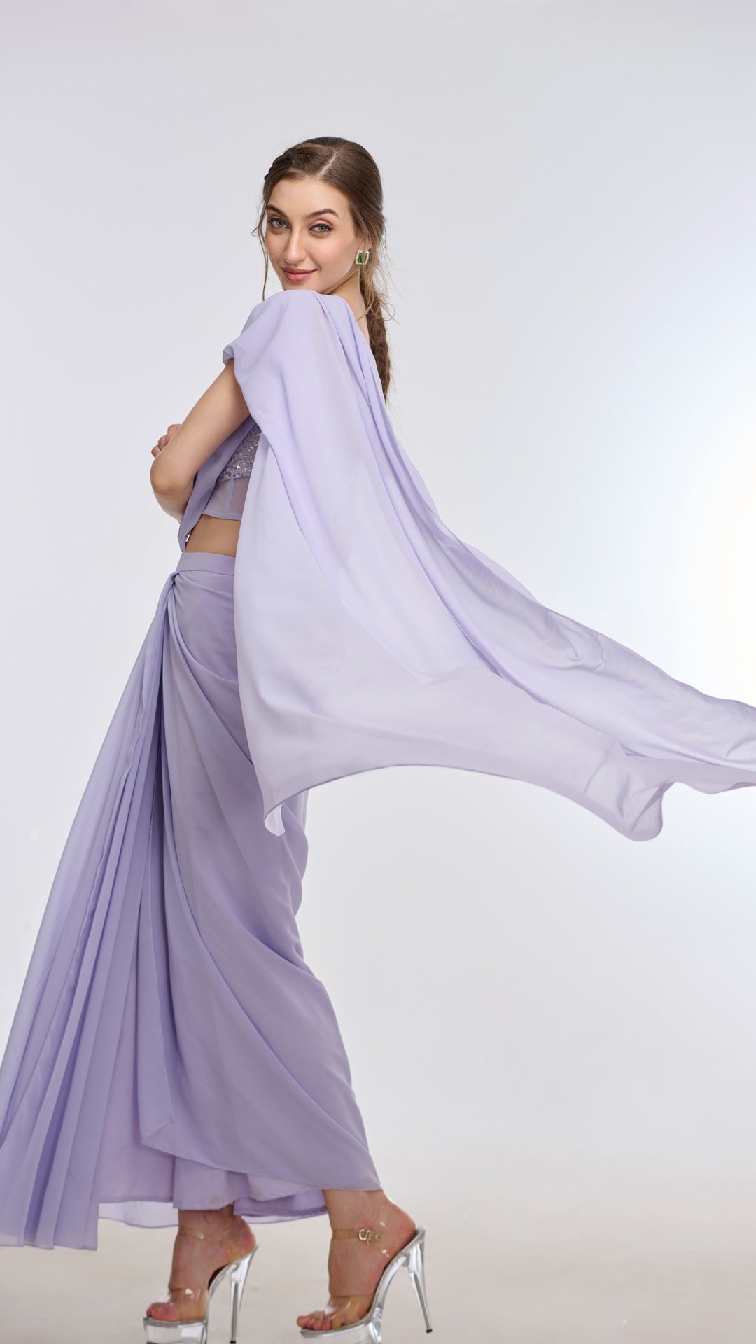 Lavender off-shoulder bling blouse and saree set by LabelN