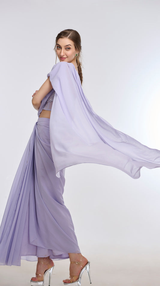 Lavender off-shoulder bling blouse and saree set by LabelN