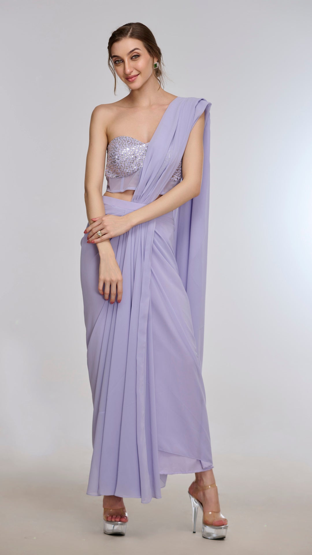 Lavender off-shoulder bling blouse and saree set by LabelN