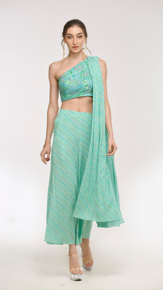 Chloe one - shoulder flared pants & drape top set by LabelN