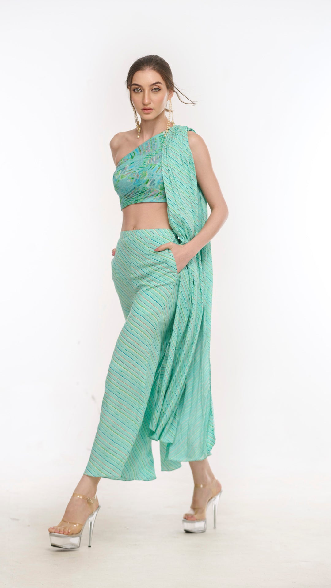 Chloe one - shoulder flared pants & drape top set by LabelN