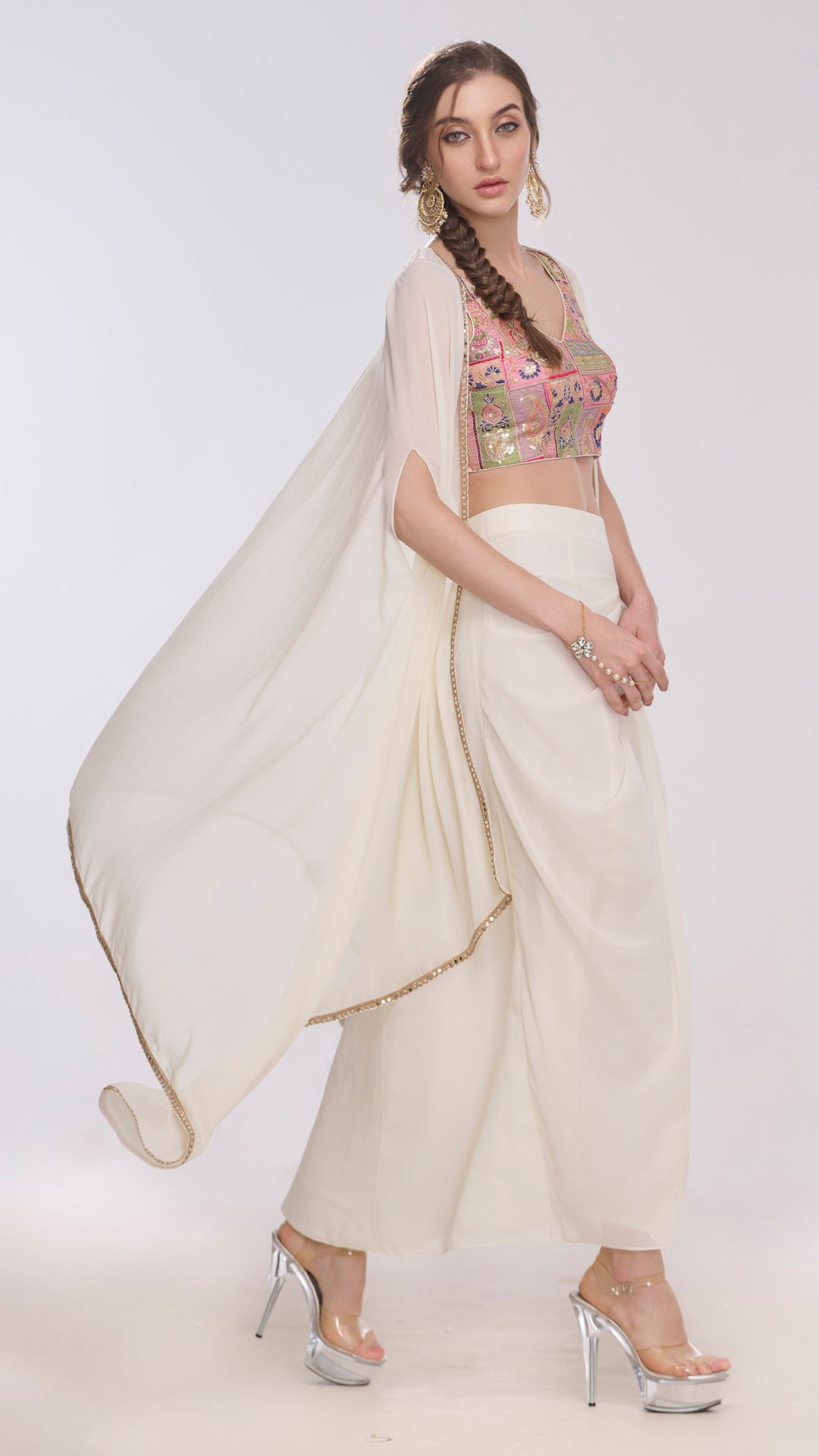 Iris embroidered Crop Top Cape & Draped Skirt by LabelN 