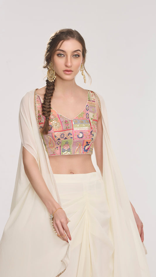 Iris embroidered Crop Top Cape & Draped Skirt by LabelN 