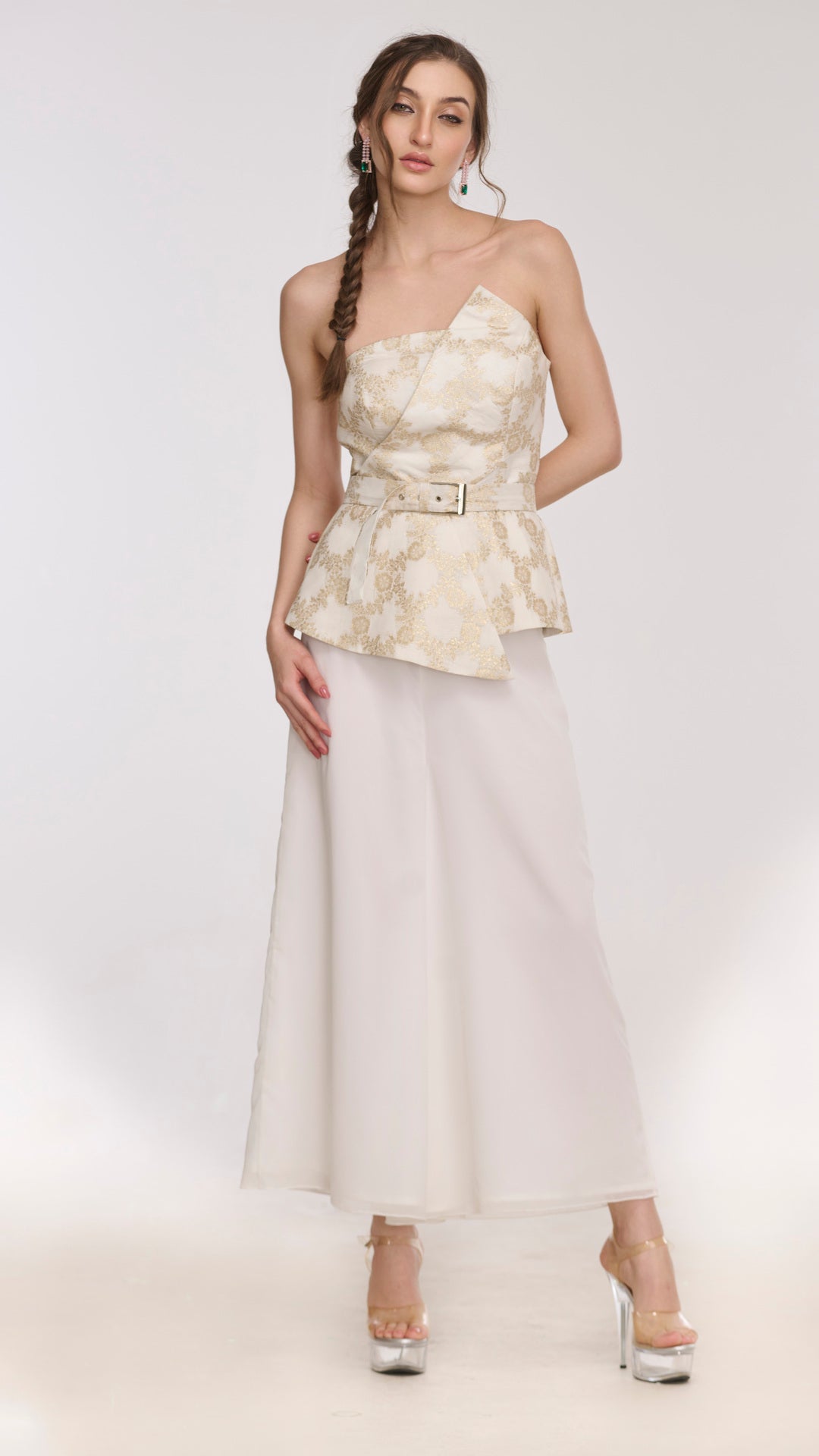 Irene Long Top with Belt & Flared Pants Ensemble by LabelN 