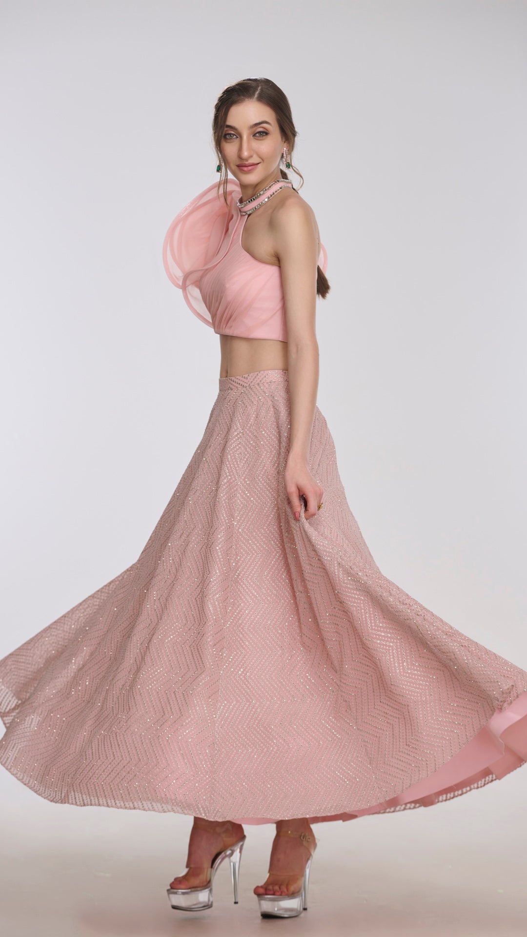 Nyx Draped Crop Top & Embroidered Flared Skirt Set by LabelN 