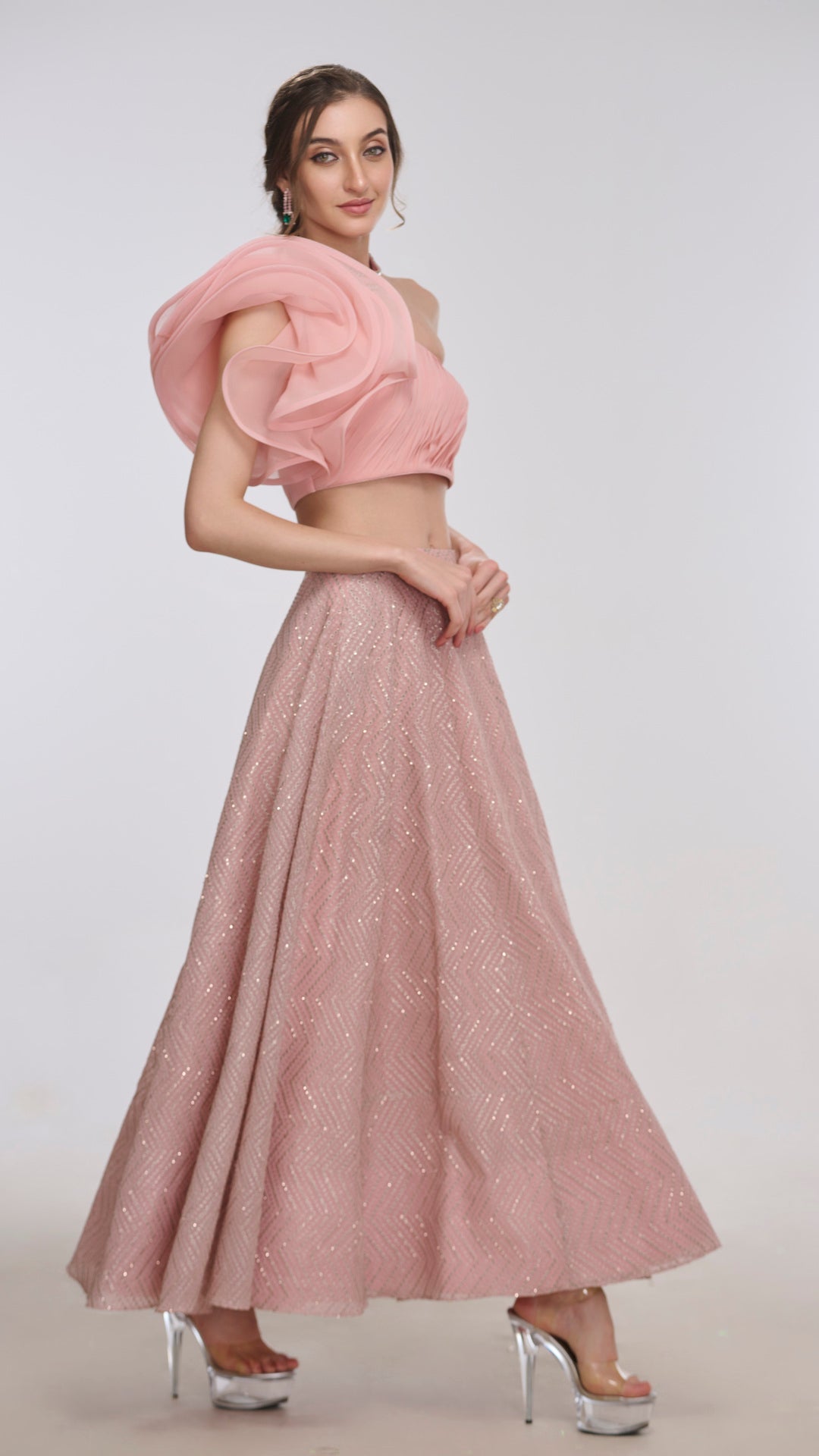 Nyx Draped Crop Top & Embroidered Flared Skirt Set by LabelN 
